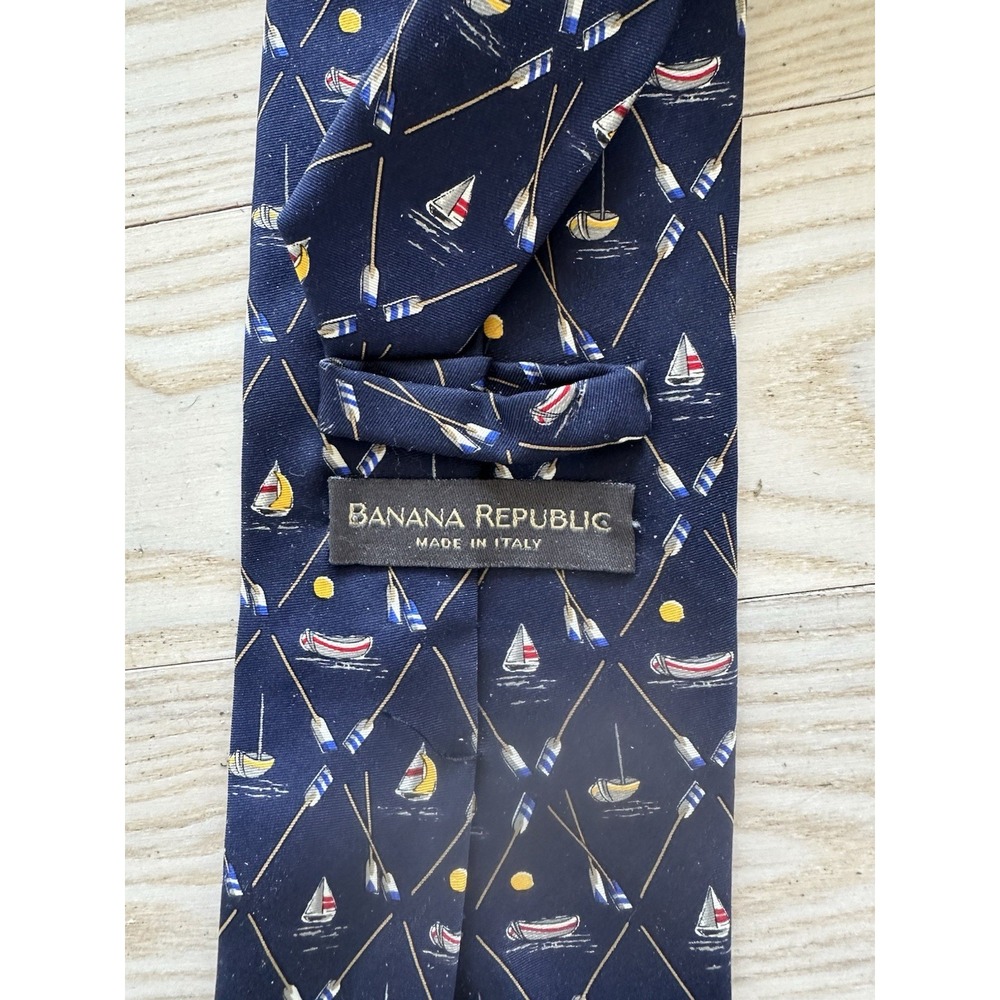 Banana Republic Tie Sailboat & Oars 100% Silk Italy Men Blue Nautical Necktie